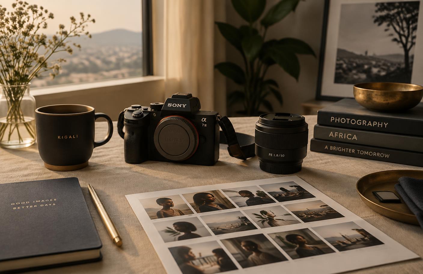 A camera, lens and contact sheet prints on a linen desk with a view over Kigali